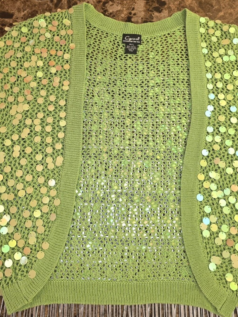 Cejon Apple Green Sweater Fishnet Shrug with Dangling Sequence Bolero Size M/L